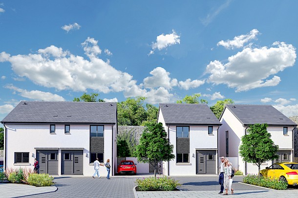 CGI of Modern semi-detached homes with parking and landscaping