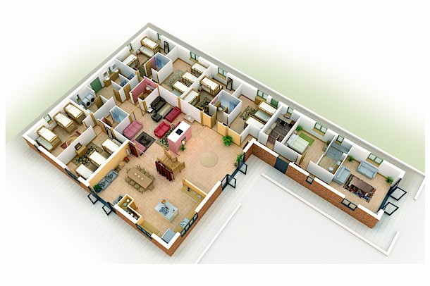 Angled 3D interior layout for large home
