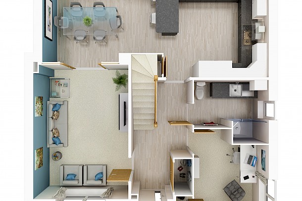 3D floorplan of ground floor contemporary house with kitchen diner