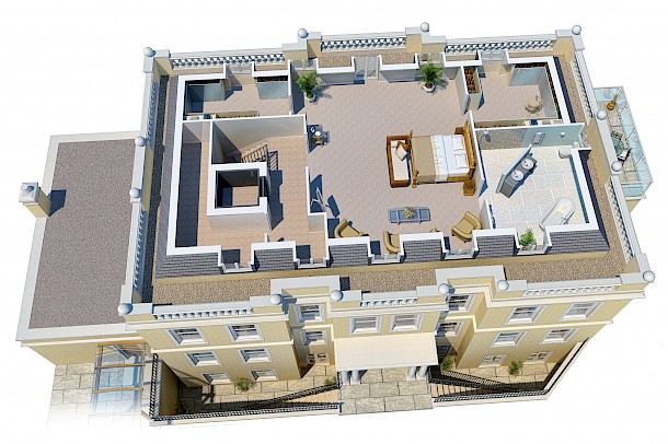 3D angled second floor plan of mansion house in Kensington London with Mansard roof