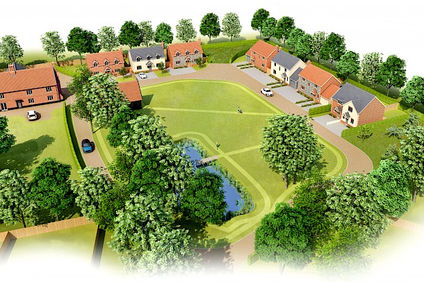 Aerial view of housing development around village green POS