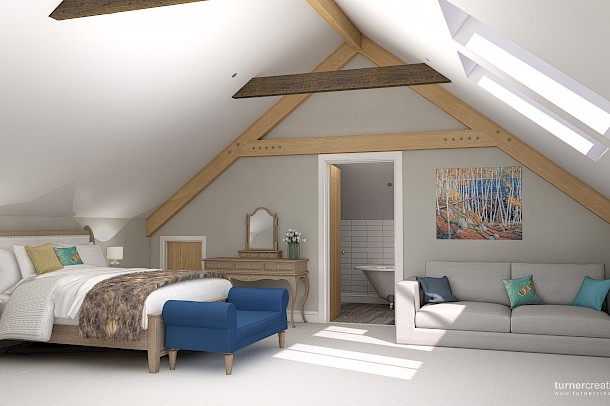 CGI bedroom interior with velux roof lights and en-suite