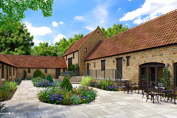 Terrace CGI for renovated rural barns and farmhouse