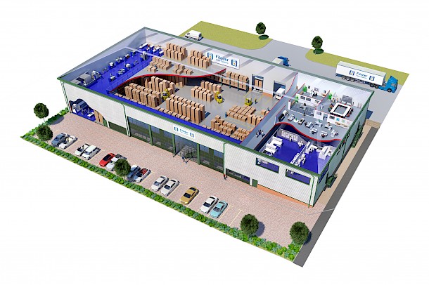 3D cutaway graphic of industrial unit over 2 storeys