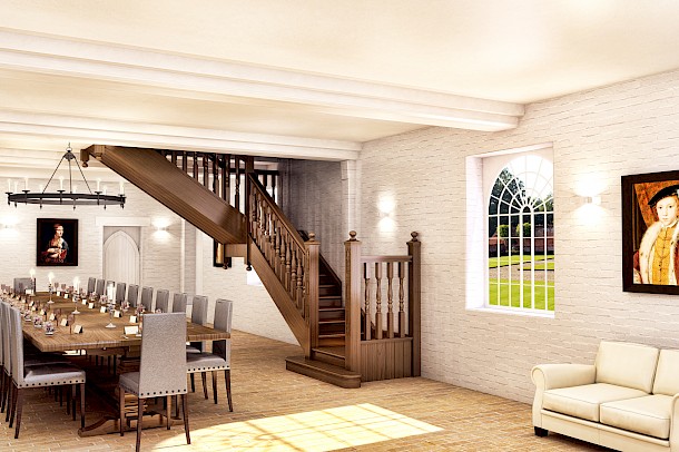 Indoor visual of traditional dining room and oak stairs