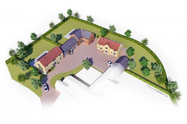 Birdseye view of renovated farm with barn conversions