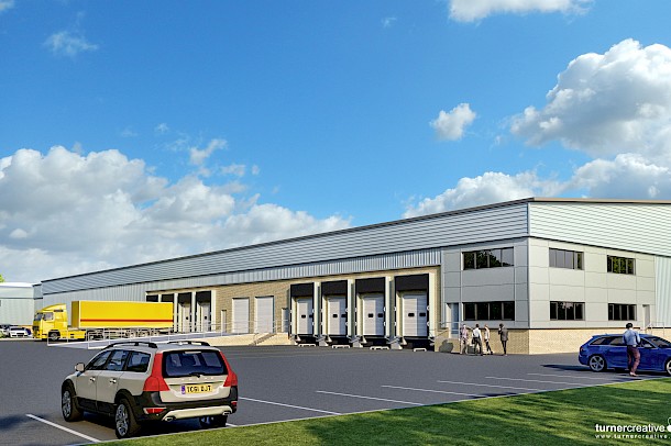 Eye-level CGI of industrial units with loading bays for commercial purposes