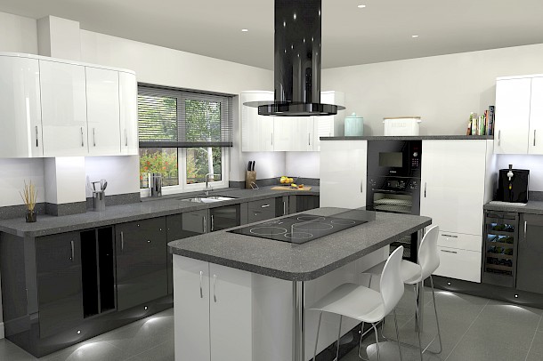 Photographic artists impression of modern kitchen with island breakfast bar and integrated appliances