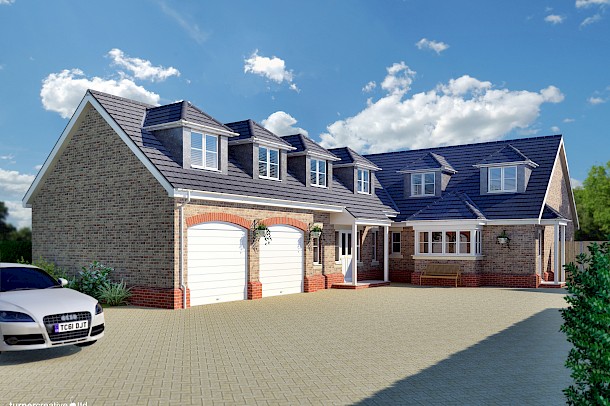 Architectural illustration of detached plot with dormers and integrated twin garages