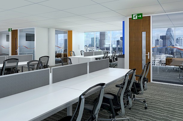 Interior CGI of open plan office space with panoramic views