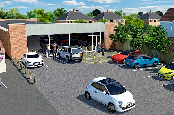 Elevated artists impression of commercial premises with parking