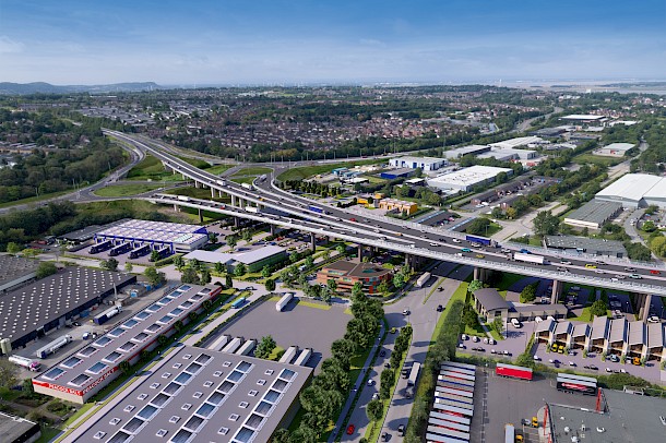 Drone photo fit CGI of commercial zone and motorway flyover