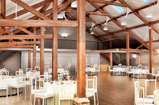 Interior illustration of large timber beamed wedding reception venue with tables and lighting